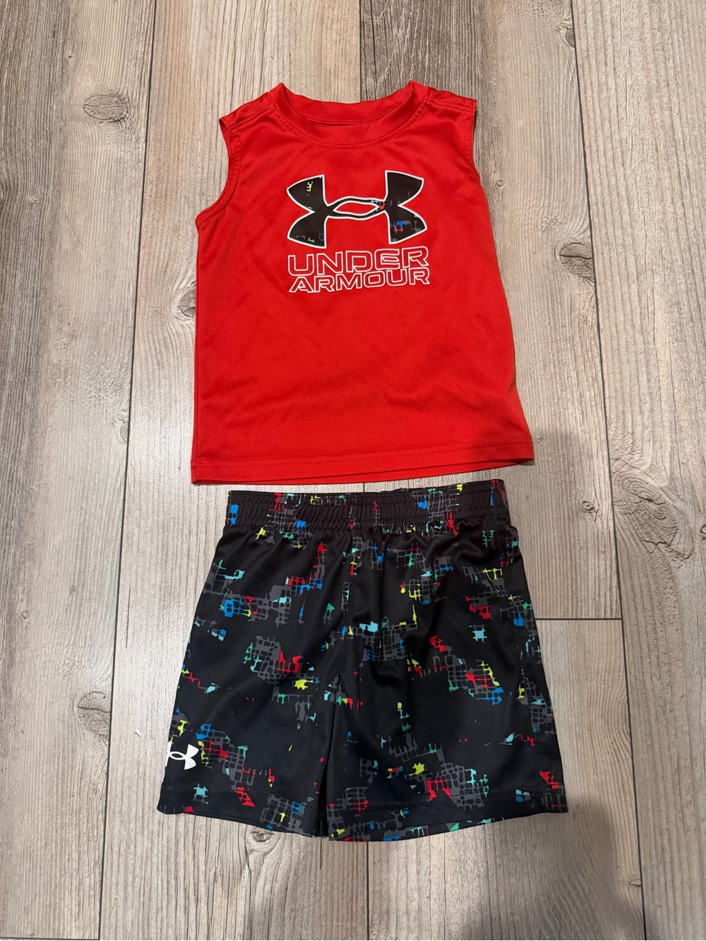 Under Armour Red Tank Top with Black Multicolor Print Shorts